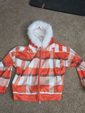 Womens Orange Plaid Hooded Jacket with Faux Fur Trim